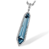 14KW Blue Topaz Diamond Halo Pendant Necklace