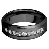 Lashbrook Designs 8 mm wide/High Bevel/Zirconium band with an arrangement of 9, .05 carat Round Diamond stones in a Bead setting.