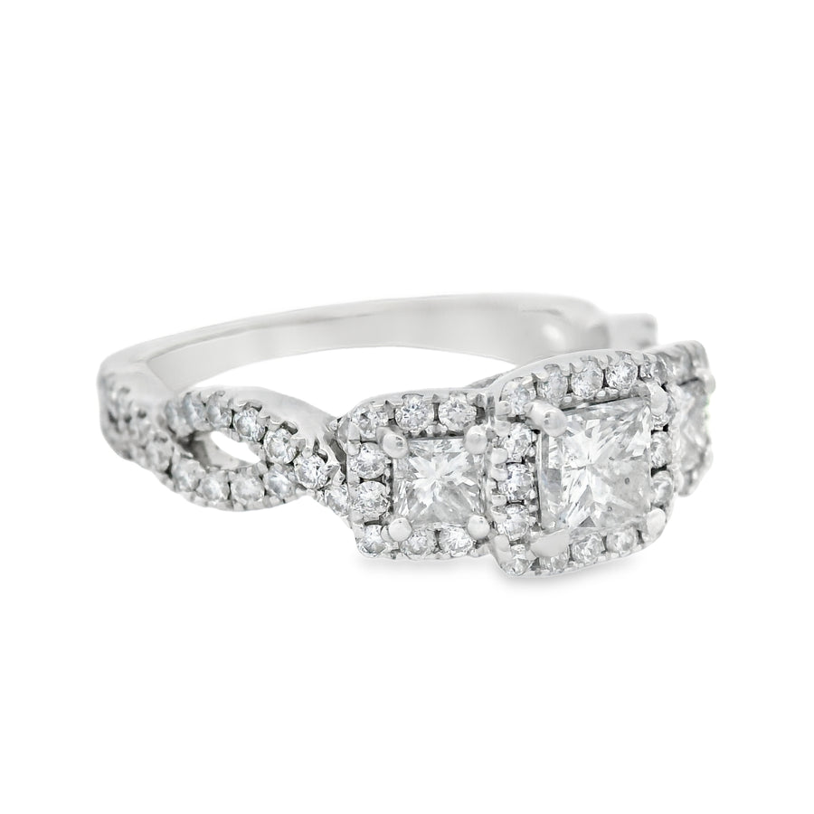 Princess Cut Three Stone Halo Twist Diamond Engagement Ring