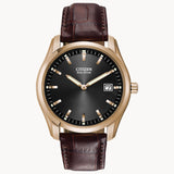 Citizen AU1043-00E Corso – Men’s Eco-Drive Rose Gold Black Dial Brown Leather Strap Watch