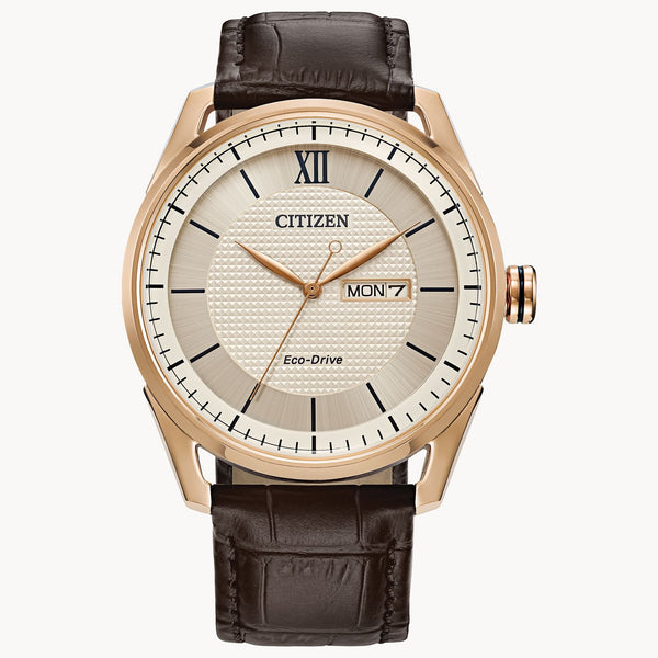 Citizen AW0082-01A Classic – Men’s Eco-Drive Rose Gold Ivory Dial Brown Leather Strap Watch