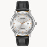 Citizen AW1236-03A Corso – Men’s Eco-Drive Silver Dial Rose Gold Accent Black Leather Strap Watch