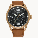 Citizen AW1733-09E Avion Weekender – Men’s Eco-Drive Rose Gold Black Dial Brown Leather Strap Watch