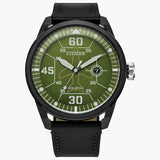 Citizen AW1735-03X Avion Weekender – Men’s Eco-Drive Black Ion-Plated Stainless Steel Green Dial Leather Strap Watch