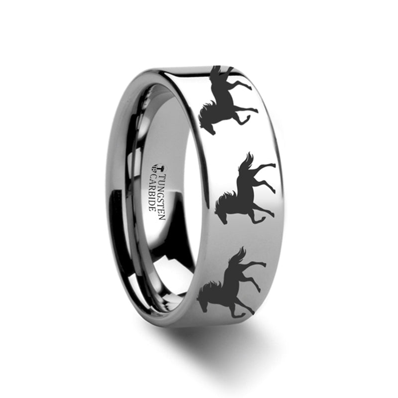 Animal Horse Print Engraved Flat Tungsten Ring