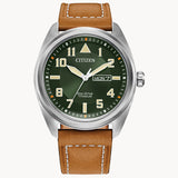 Citizen BM8560-02X Garrison/Avion – Men’s Eco-Drive Super Titanium Green Dial Brown Leather Strap Field Watch