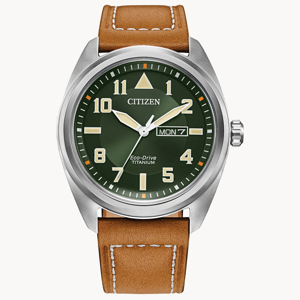 Citizen BM8560-02X Garrison/Avion – Men’s Eco-Drive Super Titanium Green Dial Brown Leather Strap Field Watch