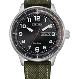 Citizen BM8590-01E Urban/Garrison – Men’s Eco-Drive Stainless Steel Black Dial Green Canvas Strap Field Watch