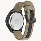 Citizen BU2055-08X Chandler Eco-Drive – Men’s Black Ion-Plated Stainless Steel Beige Dial Khaki Nylon Strap Multifunction Watch