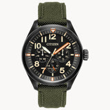Citizen BU2055-16E Chandler Eco-Drive – Men’s Black Ion-Plated Stainless Steel Black Dial Green Cordura Strap Multifunction Watch