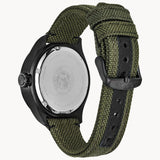 Citizen BU2055-16E Chandler Eco-Drive – Men’s Black Ion-Plated Stainless Steel Black Dial Green Cordura Strap Multifunction Watch