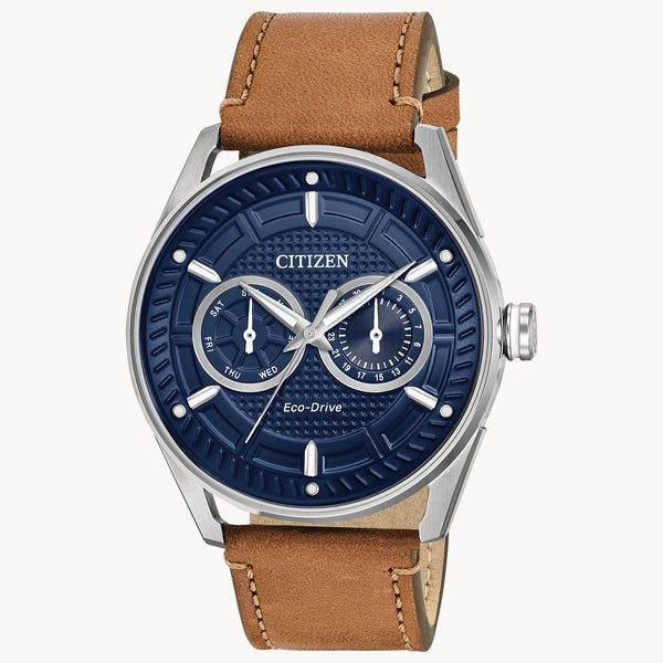 Citizen BU4020-01L CTO Eco-Drive – Men’s Stainless Steel Navy Blue Dial Brown Leather Multifunction Watch