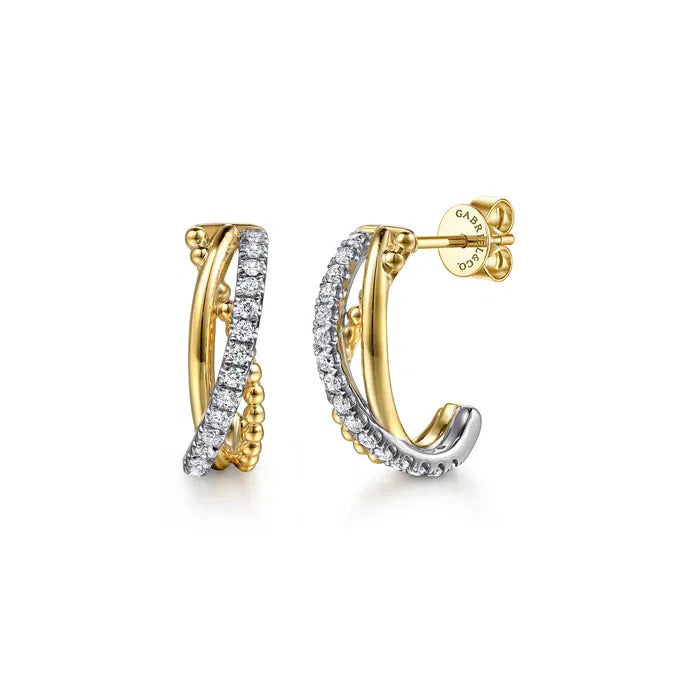 Gabriel & Co. EG15488M45JJ – 14K White & Yellow Gold Criss-Cross Diamond Huggie Earrings (0.31 ct)
