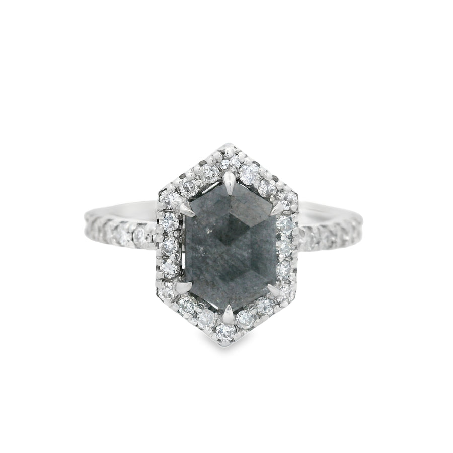 White Gold Salte And Pepper Geometric Halo Diamond Engagement Ring