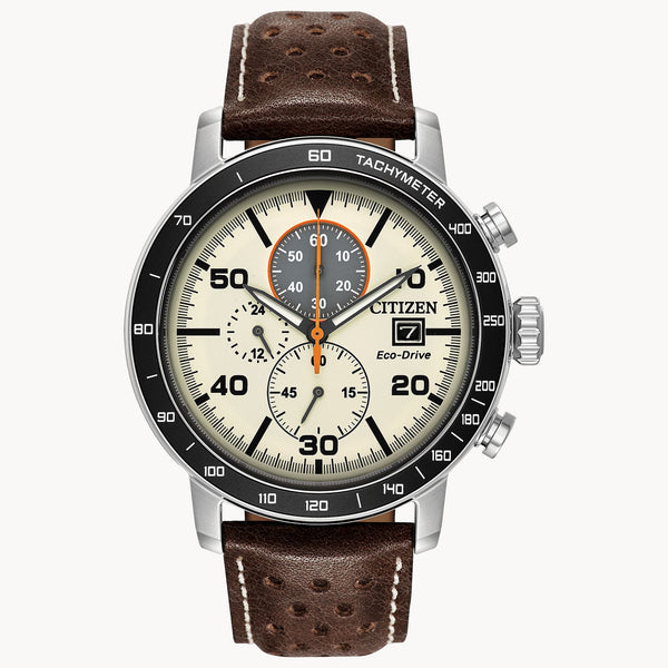 Citizen CA0649-06X Brycen Chronograph – Men’s Eco-Drive Stainless Steel Light Brown Dial Leather Strap Watch