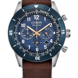 Citizen CA4747‑05L Eco‑Drive Terra Force Chronograph Watch – Blue Dial, Brown Leather Strap