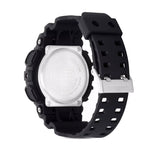 Back of Black Casio G-Shock watch with a silver backing on a white background