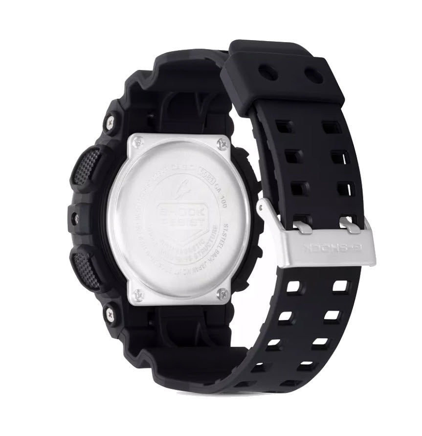 Back of Black Casio G-Shock watch with a silver backing on a white background