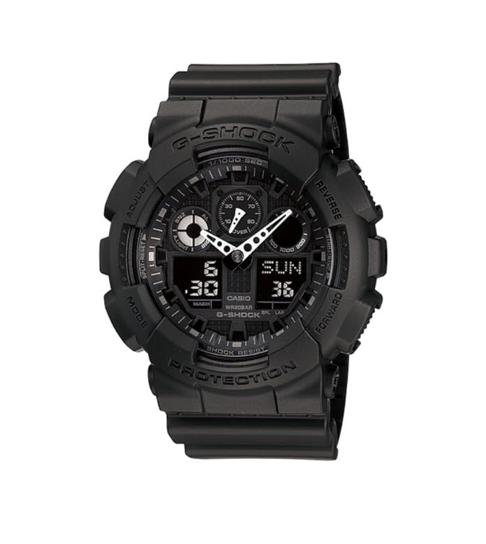 Black Casio G-Shock watch on a white background