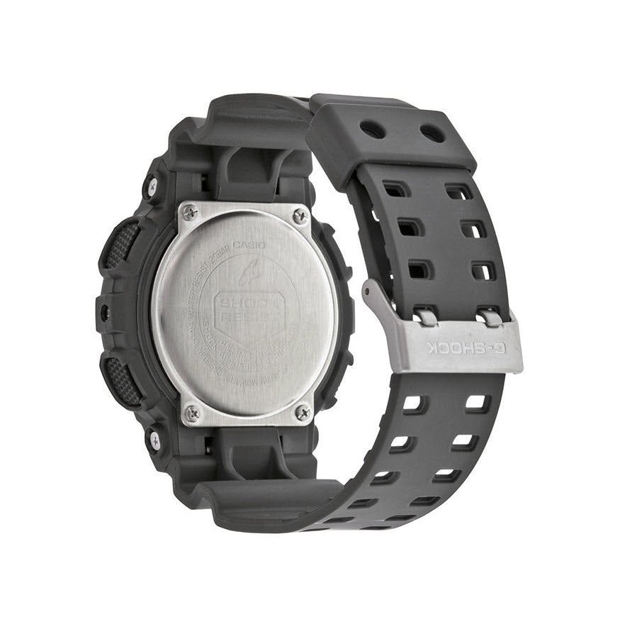 Back view of a Casio G-Shock watch with a gray strap on a white background