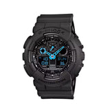 Black Casio G-Shock watch with blue digital display on a white background