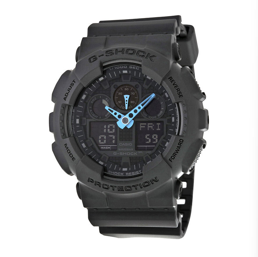Black G-Shock watch with blue digital display on a white background