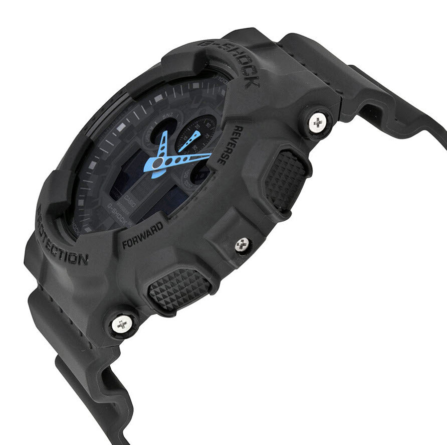 Black Casio G-Shock watch with blue logo on a white background