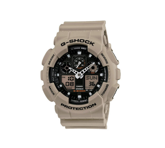 Beige Casio G-Shock watch on a white background