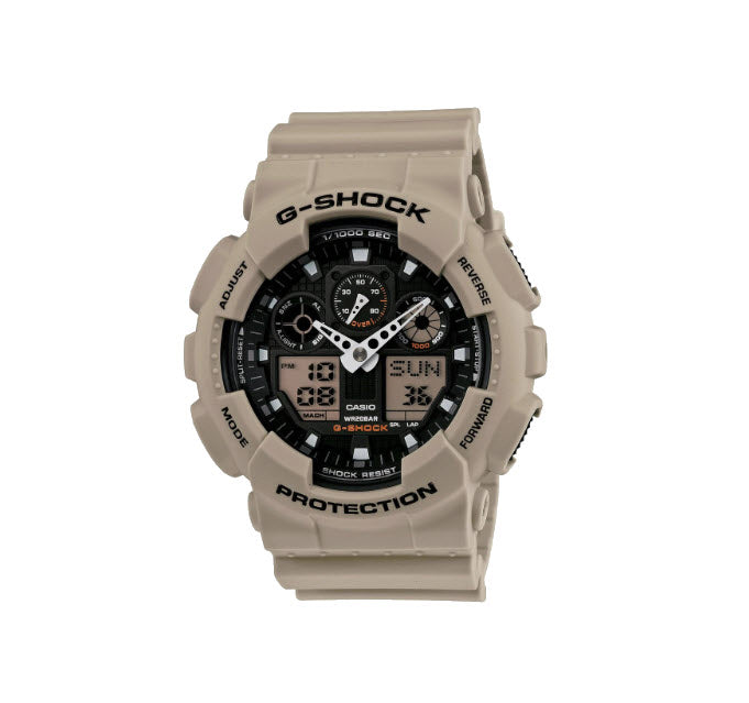 Beige Casio G-Shock watch on a white background