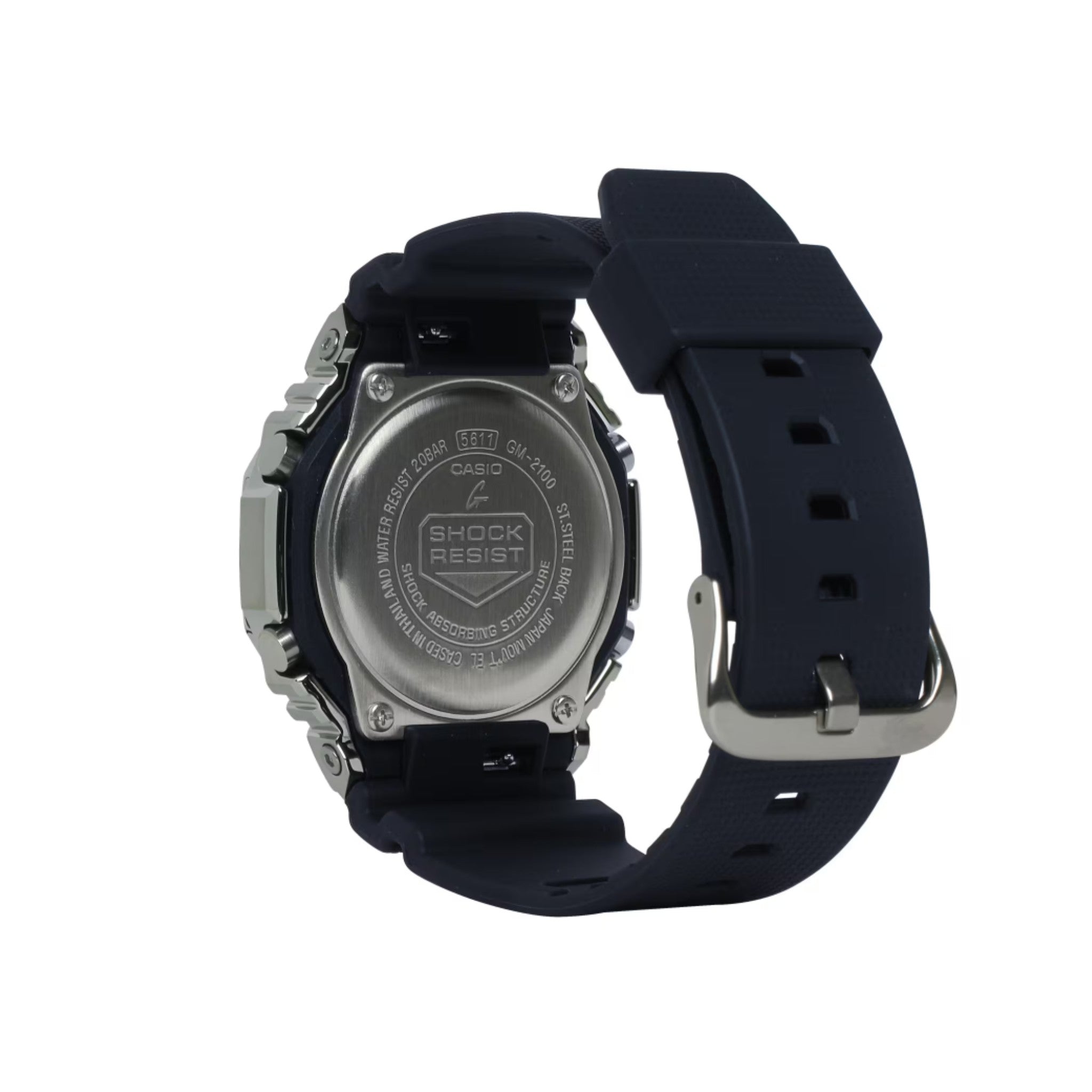 Back view of a Casio watch with a black strap on a white background