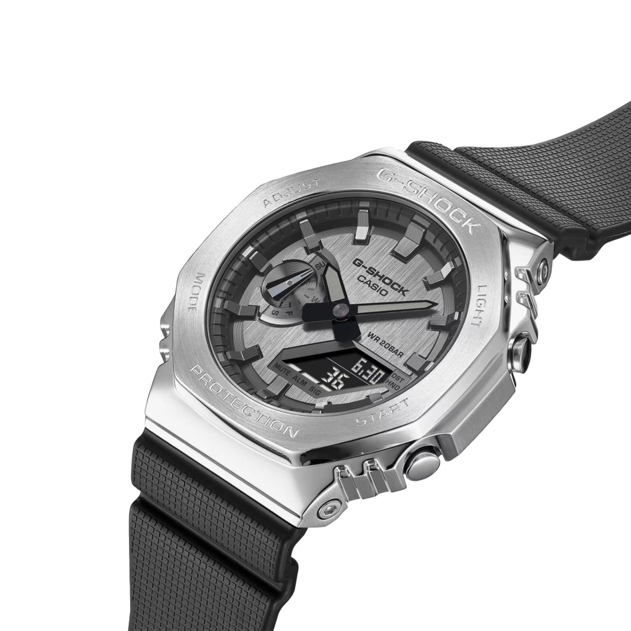 Casio G-Shock watch with black strap and silver case on white background
