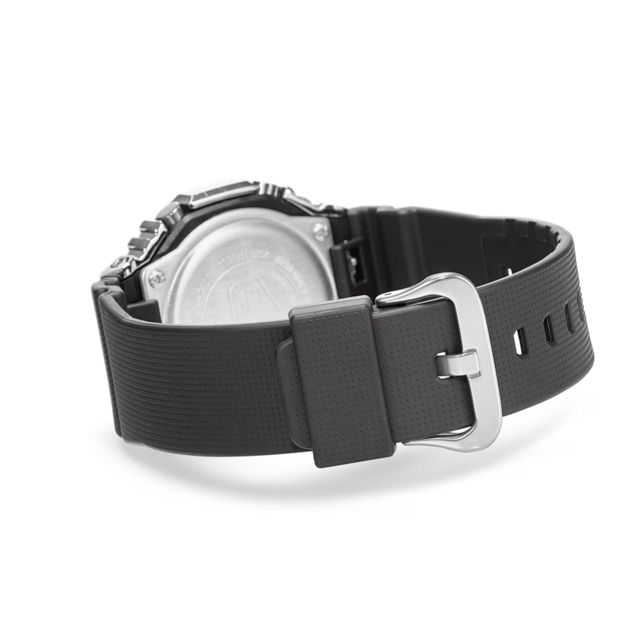 Black watch with a silver buckle on a white background