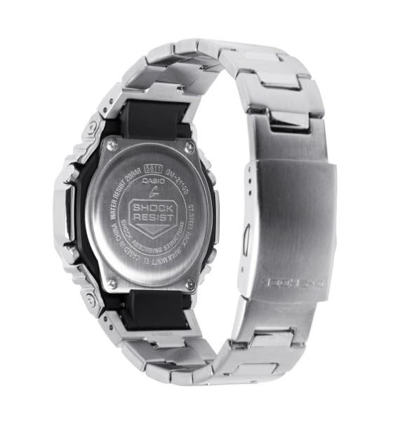 Silver Casio watch with metal band on a white background
