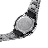 Close-up of a Casio watch with metal band on a white background