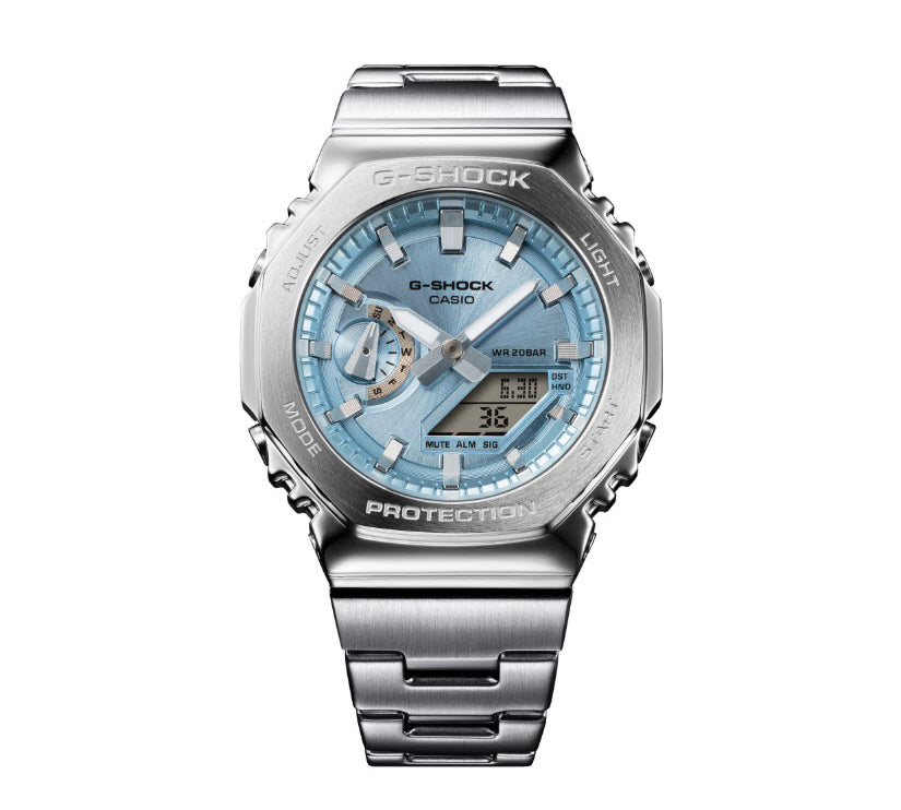Silver G-Shock watch with blue face on a white background