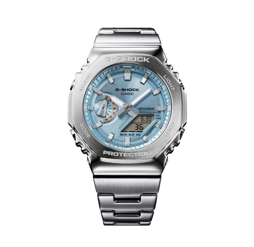 Silver G-Shock watch with blue face on a white background