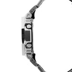 Close-up of a metallic watch band on a white background