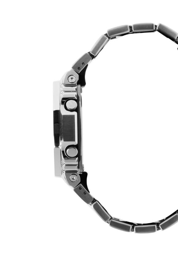 Close-up of a metallic watch band on a white background