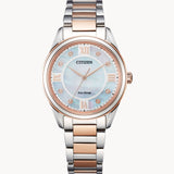 Citizen Eco-Drive Arezzo EM0876-51D – Two-Tone Stainless Steel Bracelet, White Mother-of-Pearl Dial with Diamond Accents Ladies’ Watch