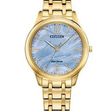 Citizen Eco-Drive EM1212-56L – Gold-Tone Stainless Steel Bracelet, Soft Blue Dial Ladies’ Watch