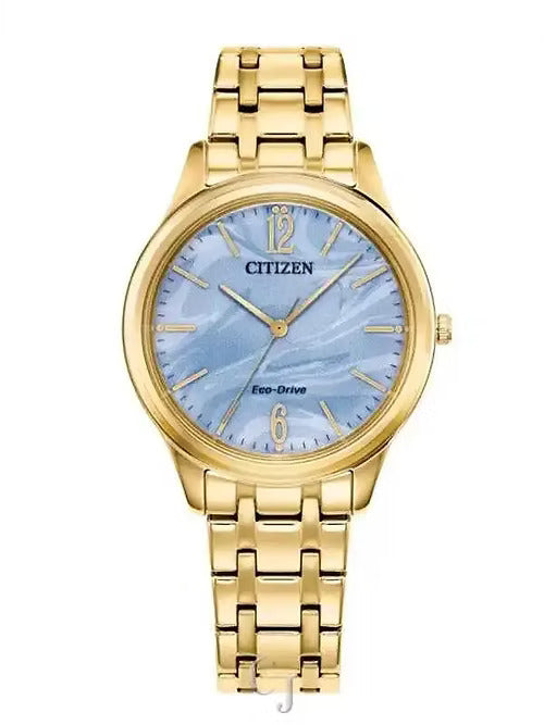 Citizen Eco-Drive EM1212-56L – Gold-Tone Stainless Steel Bracelet, Soft Blue Dial Ladies’ Watch