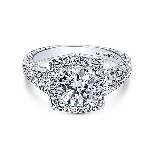 Gabriel & Co. Theresa ER10191W44JJ – Vintage Inspired 14K White Gold Round Halo Diamond Engagement Ring