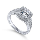 Gabriel & Co. Theresa ER10191W44JJ – Vintage Inspired 14K White Gold Round Halo Diamond Engagement Ring