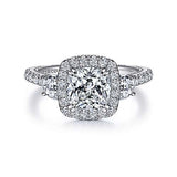 Farah - Vintage Inspired 14K White Gold Cushion Three Stone Halo Diamond Engagement Ring