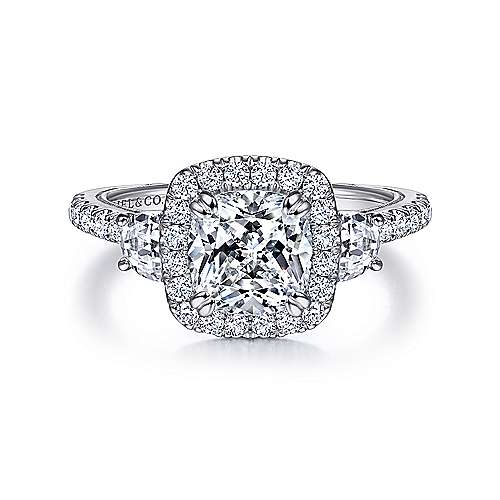 Farah - Vintage Inspired 14K White Gold Cushion Three Stone Halo Diamond Engagement Ring