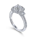 Farah - Vintage Inspired 14K White Gold Cushion Three Stone Halo Diamond Engagement Ring