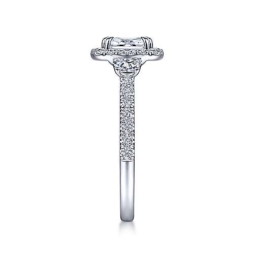 Farah - Vintage Inspired 14K White Gold Cushion Three Stone Halo Diamond Engagement Ring