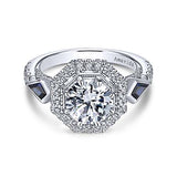 Gabriel & Co. Mildred ER13974R6W83SA – Art Deco 18K White Gold Octagonal Three-Stone Halo Round Sapphire & Diamond Engagement Ring