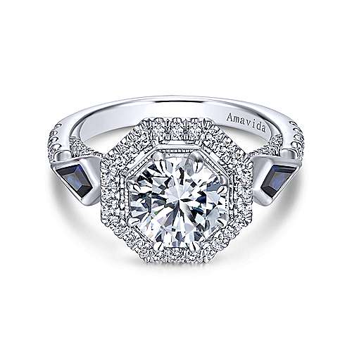 Gabriel & Co. Mildred ER13974R6W83SA – Art Deco 18K White Gold Octagonal Three-Stone Halo Round Sapphire & Diamond Engagement Ring