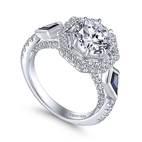 Gabriel & Co. Mildred ER13974R6W83SA – Art Deco 18K White Gold Octagonal Three-Stone Halo Round Sapphire & Diamond Engagement Ring